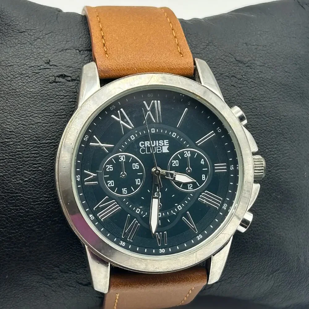 Cruise Club Men’s Chronograph Brown Leather Watch Working New Battery
